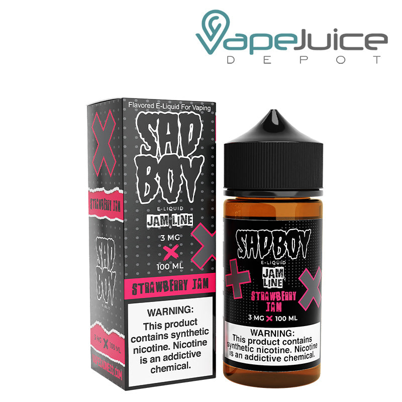 A box of Strawberry Jam SadBoy eLiquid with a warning sign and a 100ml bottle next to it - Vape Juice Depot