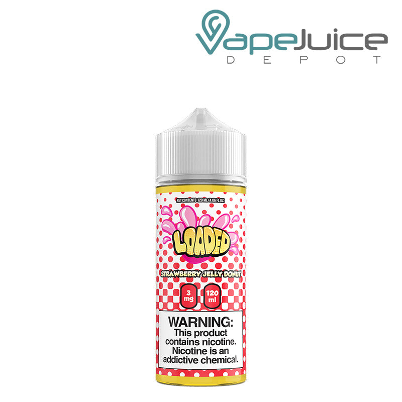 A 120ml bottle of Strawberry Jelly Donut LOADED eLiquid with a warning sign - Vape Juice Depot