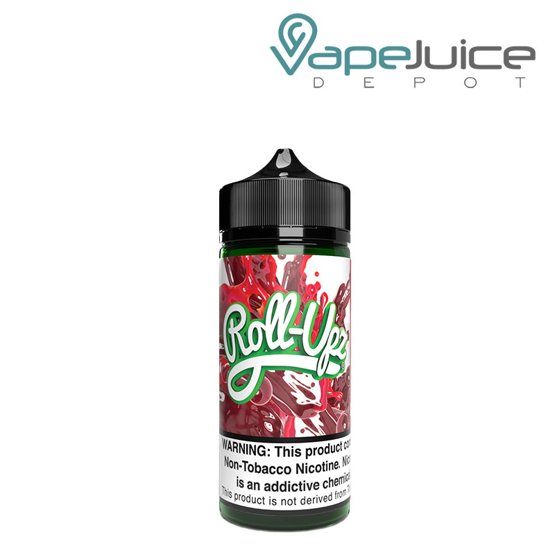 A 100ml bottle of Strawberry Juice Roll Upz with a warning sign - Vape Juice Depot