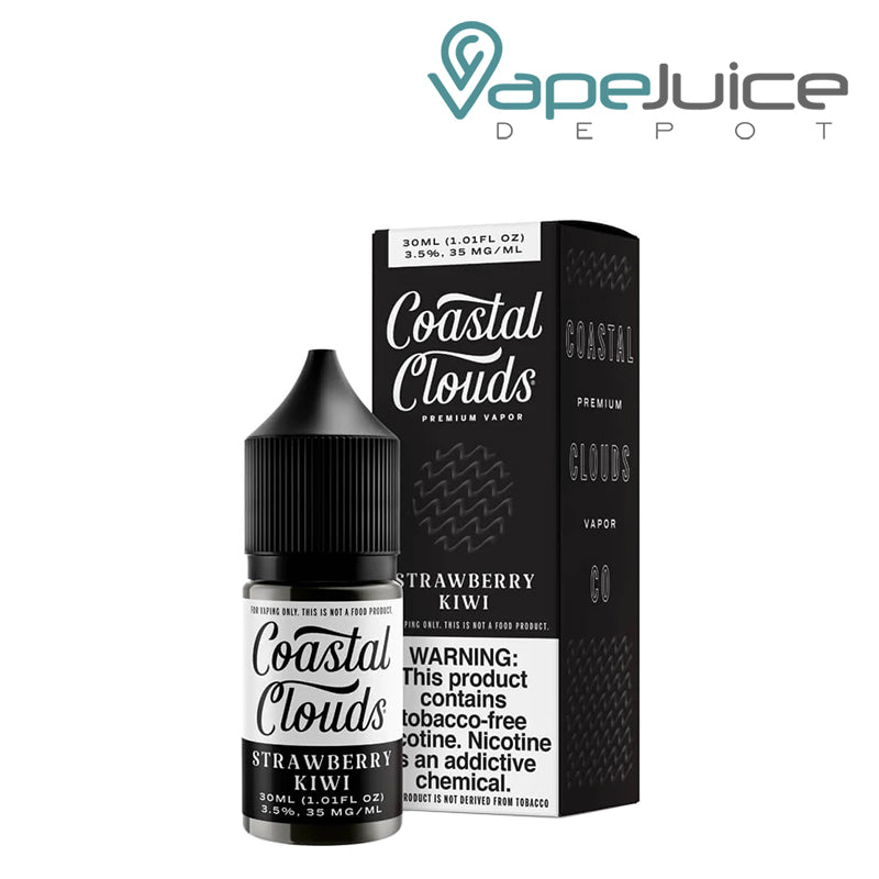 A 30ml bottle of Strawberry Kiwi Coastal Clouds Salts TFN and a box with a warning sign next to it - Vape Juice Depot