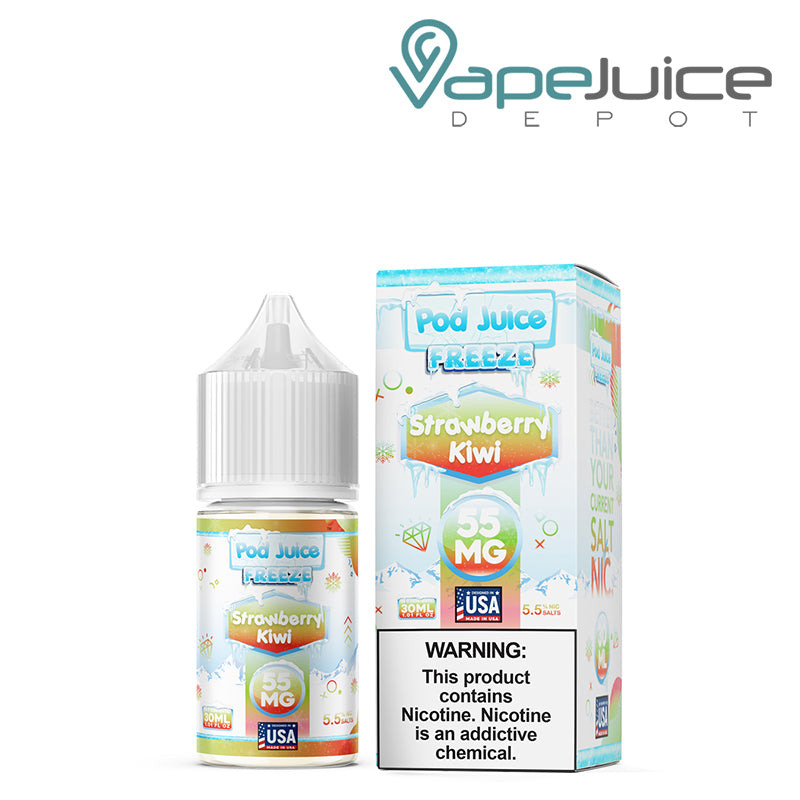 A 30ml bottle of Strawberry Kiwi Freeze Pod Juice TFN Salt and a box with a warning sign next to it - Vape Juice Depot