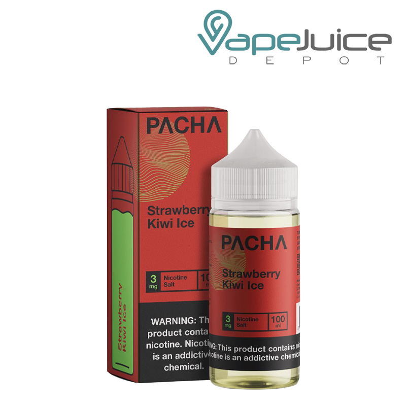 A Box of Strawberry Kiwi Ice Pacha with a warning sign and a 100ml bottle next to it - Vape Juice Depot
