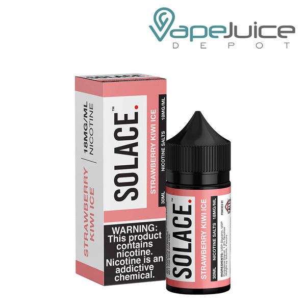 A box of Strawberry Kiwi Ice Solace Salts 18mg with a warning sign and a 30ml bottle next to it - Vape Juice Depot