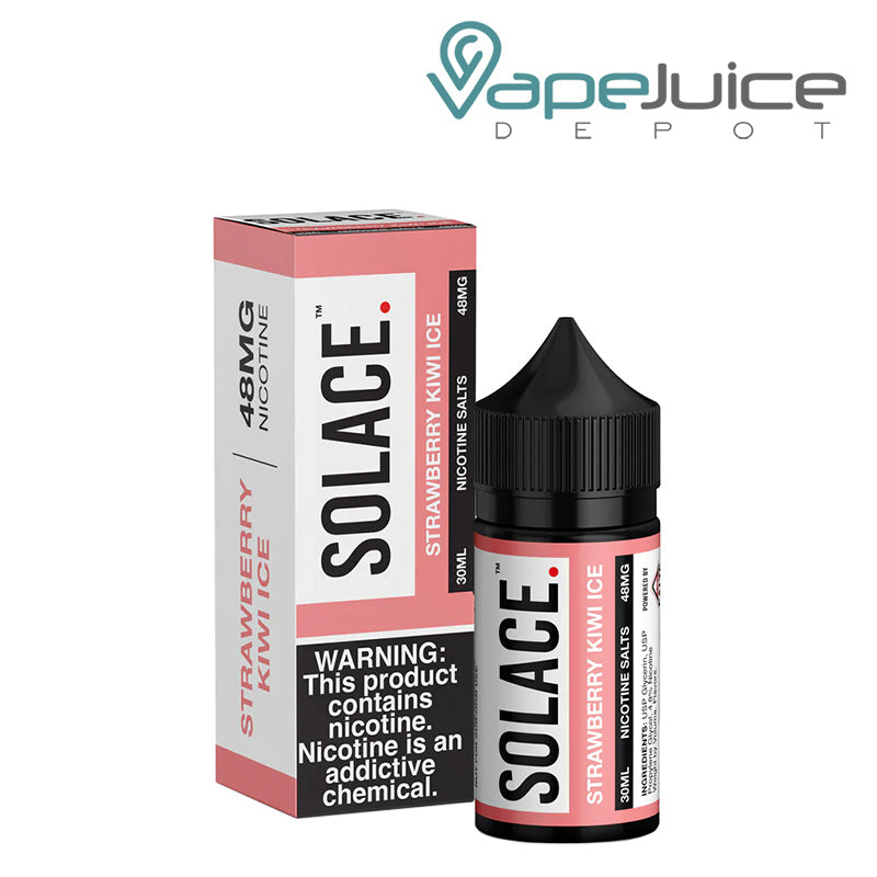 A box of Strawberry Kiwi Ice Solace Salts 48mg with a warning sign and a 30ml bottle next to it - Vape Juice Depot
