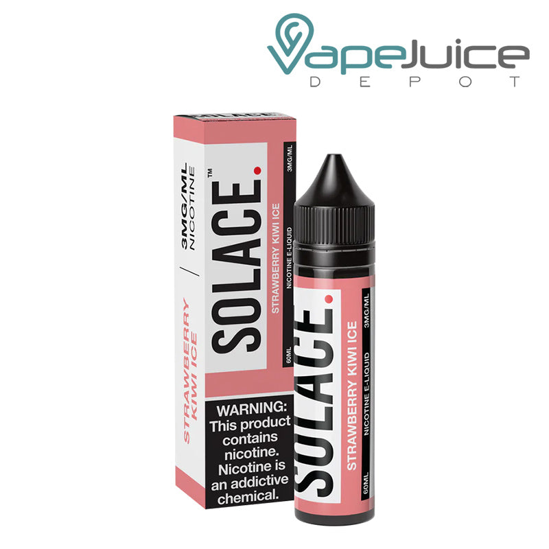 A box of Strawberry Kiwi Ice Solace Vapors 3mg with a warning sign and a 60ml bottle next to it - Vape Juice Depot