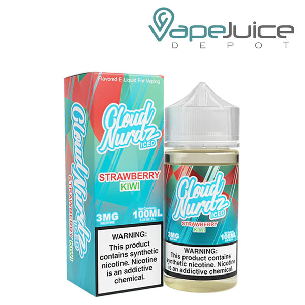 A box of Strawberry Kiwi Iced TFN Cloud Nurdz with a warning sign and a 100ml bottle next to it - Vape Juice Depot