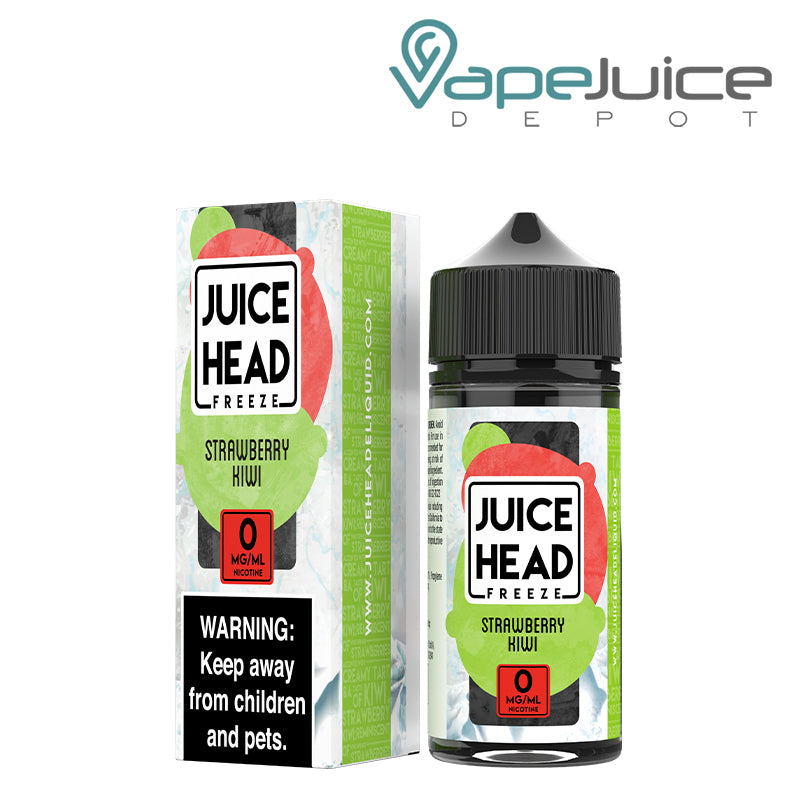 A Box of 0mg Strawberry Kiwi Juice Head Freeze with a warning sign and a 100ml bottle next to it - Vape Juice Depot