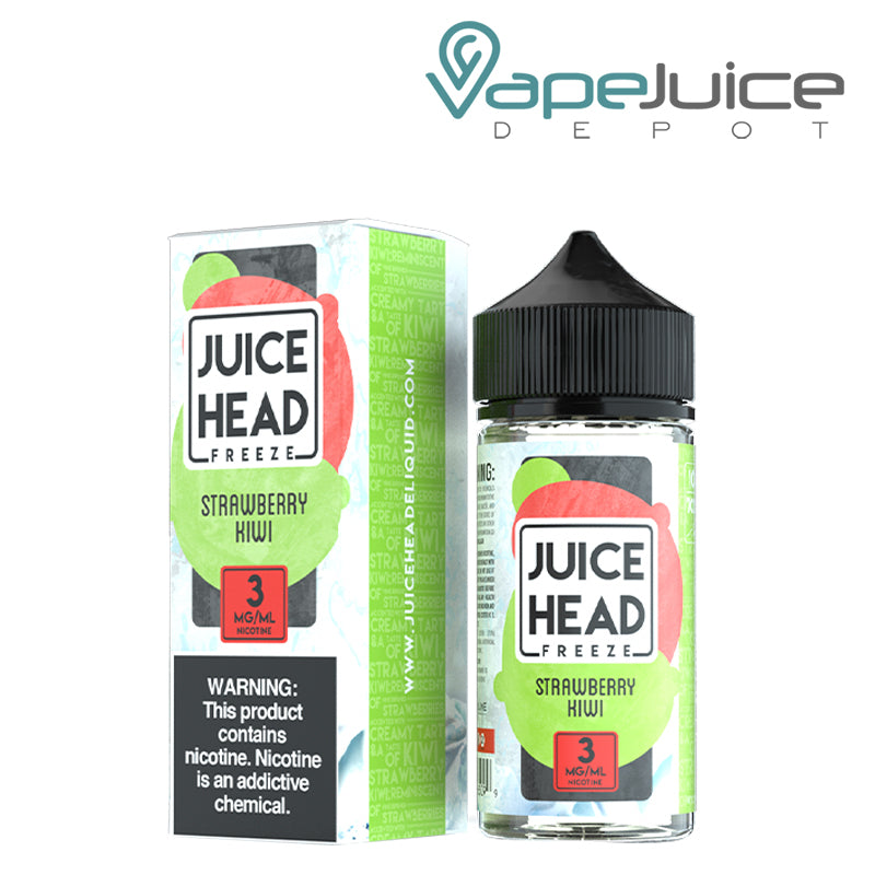 A Box of 3mg Strawberry Kiwi Juice Head Freeze with a warning sign and a 100ml bottle next to it - Vape Juice Depot