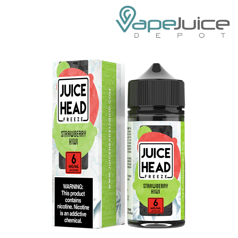 A Box of 6mg Strawberry Kiwi Juice Head Freeze with a warning sign and a 100ml bottle next to it - Vape Juice Depot