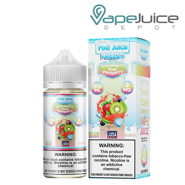 A 100ml bottle of Strawberry Kiwi Pomberry Freeze Pod Juice TFN with a warning sign and a box next to it - Vape Juice Depot