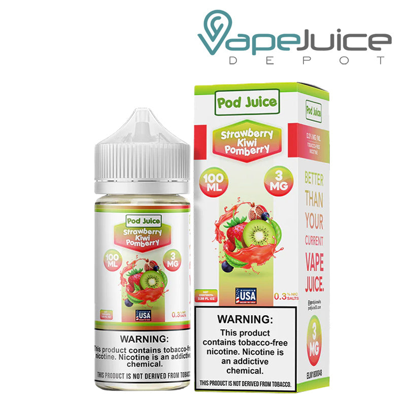 A 100ml bottle of Strawberry Kiwi Pomberry Pod Juice TFN with a warning sign and a box next to it - Vape Juice Depot