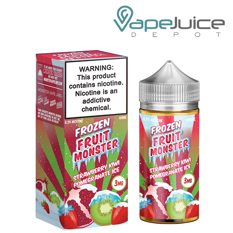 A box of Strawberry Kiwi Pomegranate Ice Frozen Fruit Monster with a warning sign and a 100ml bottle next to it - Vape Juice Depot
