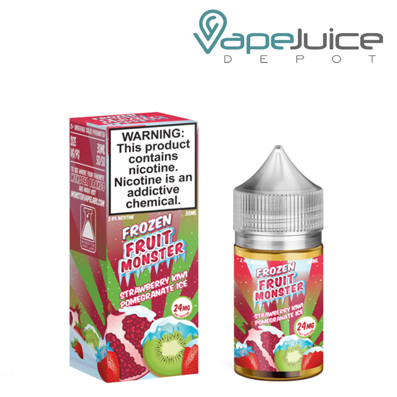 A box of Strawberry Kiwi Pomegranate Ice Frozen Fruit Monster Salts with a warning and a 30ml chubby gorilla bottle next to it - Vape Juice Depot