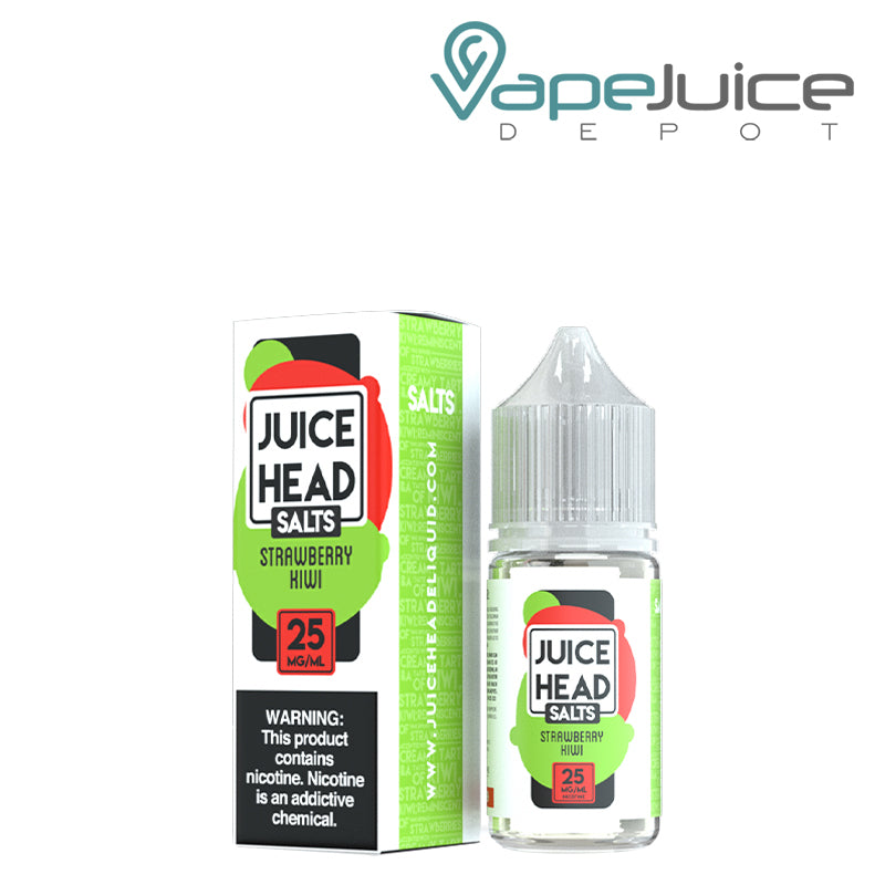 A box of 25mg Strawberry Kiwi Salts Juice Head with a warning sign and a 30ml bottle next to it - Vape Juice Depot