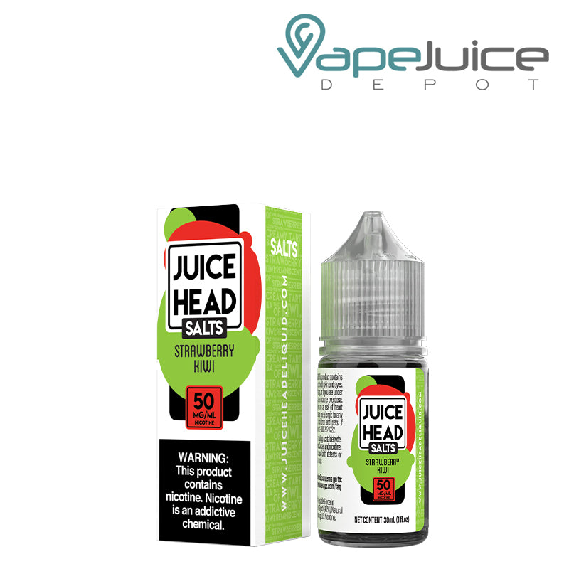 A box of 50mg Strawberry Kiwi Salts Juice Head with a warning sign and a 30ml bottle next to it - Vape Juice Depot