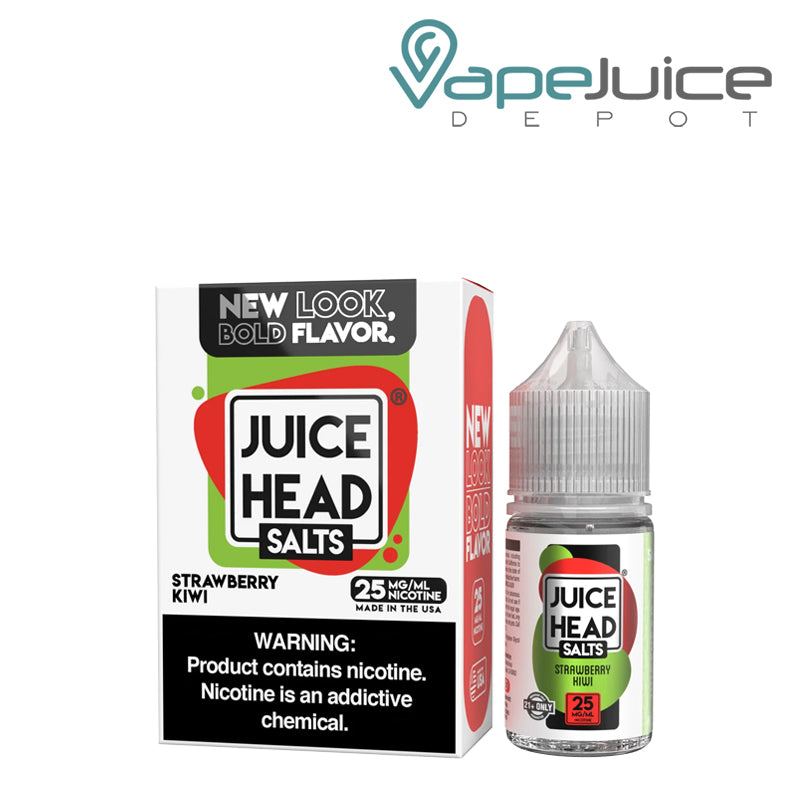 A Box of Strawberry Kiwi Salts Juice Head with a warning sign and a 30ml bottle next to it - Vape Juice Depot