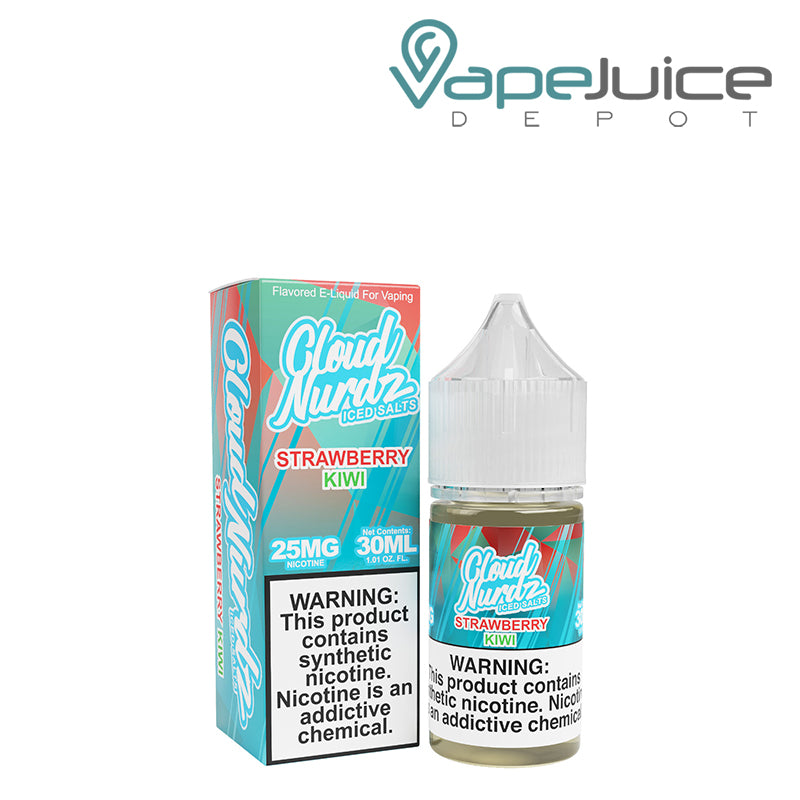 A box of Strawberry Kiwi Iced TFN Salts Cloud Nurdz with a warning sign and a 30ml bottle next to it - Vape Juice Depot