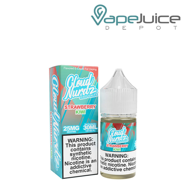 A box of Strawberry Kiwi Iced TFN Salts Cloud Nurdz with a warning sign and a 30ml bottle next to it - Vape Juice Depot