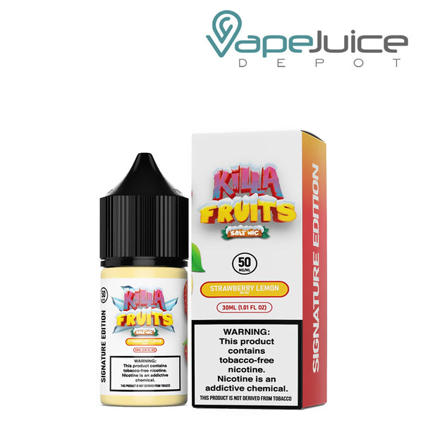 A 30ml bottle of Strawberry Lemon On Ice Killa Fruits Signature TFN Salt and a box with a warning sign next to it - Vape Juice Depot