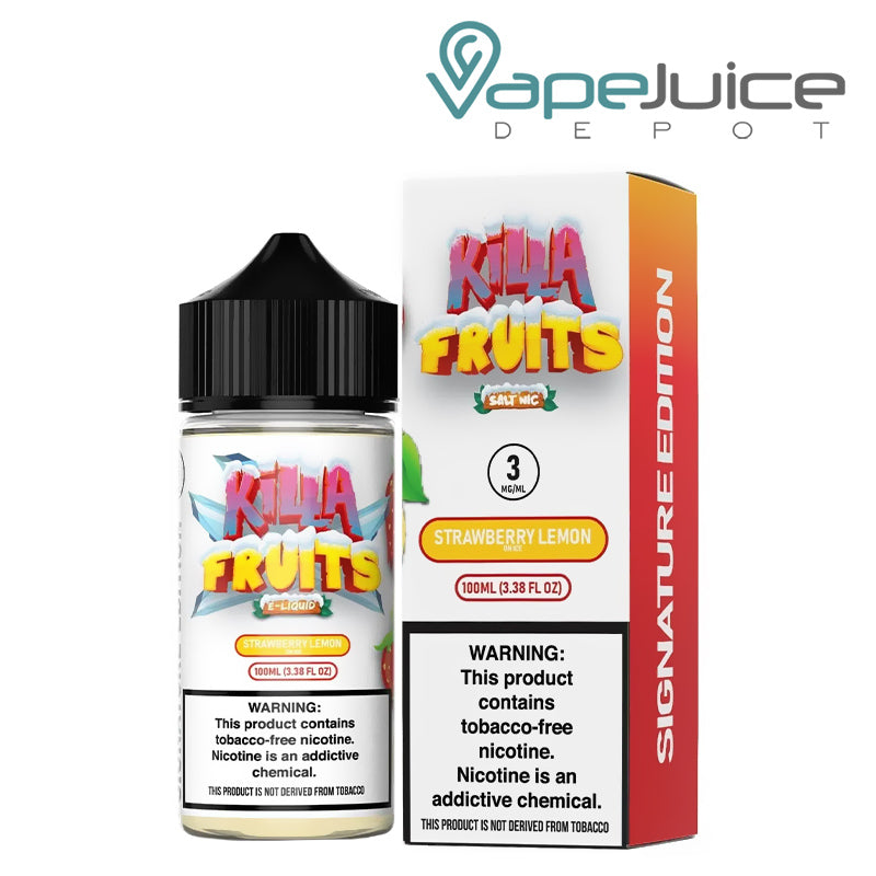 A 100ml bottle of Strawberry Lemon On Ice Killa Fruits Signature TFN Series and a box with a warning sign next to it - Vape Juice Depot