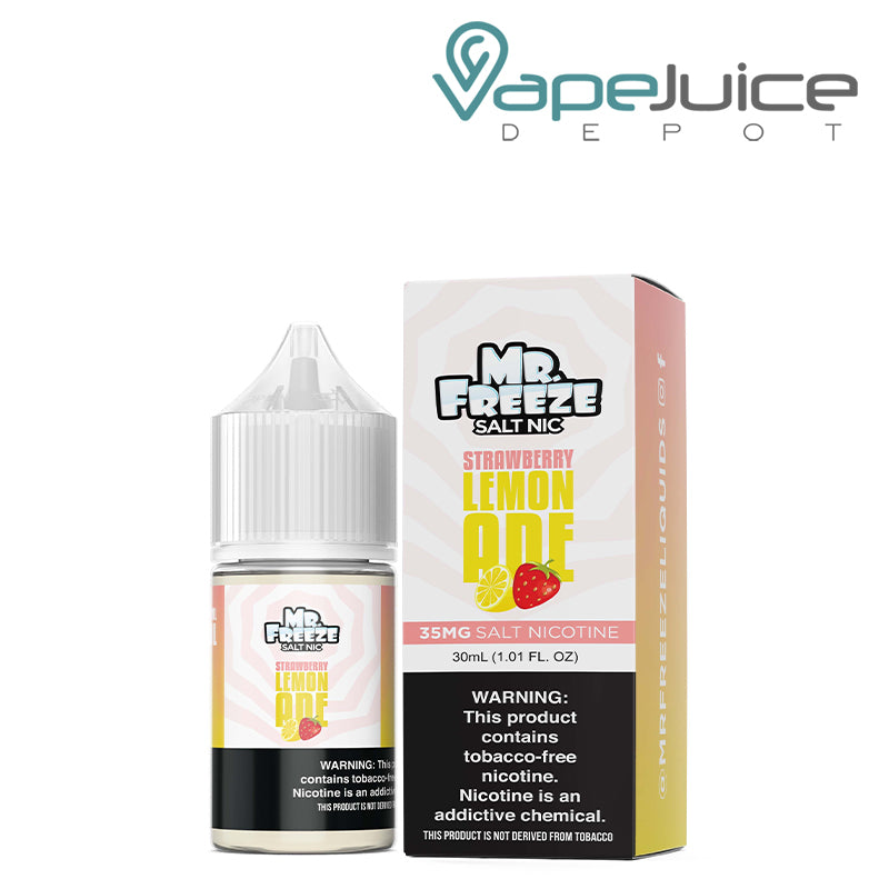 A 30ml bottle of Strawberry Lemonade Frost Mr Freeze Salt Nic next to its box with a warning sign - Vape Juice Depot