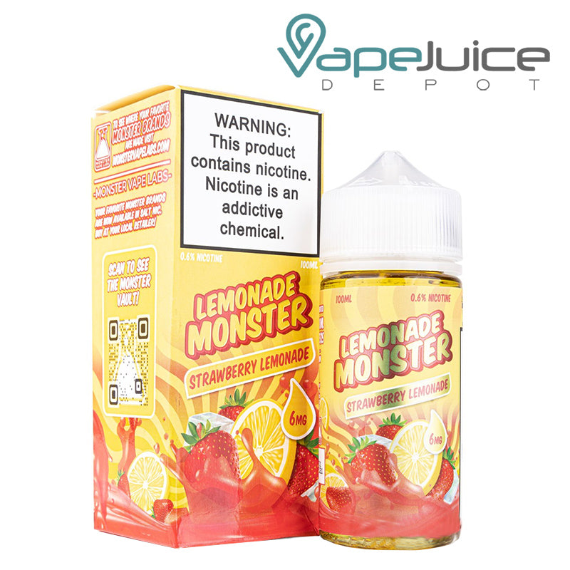 A box of Strawberry Lemonade Lemonade Monster with a warning sign and a 100ml bottle next to it - Vape Juice Depot