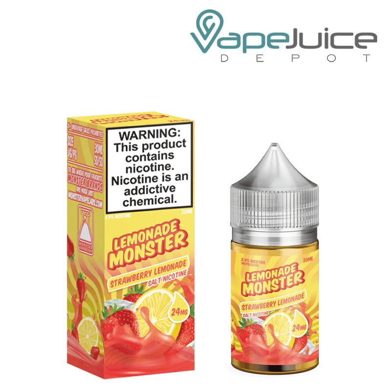 A box of Strawberry Lemonade Monster Salts with a warning sign and a 30 ml bottle next to it- Vape Juice Depot