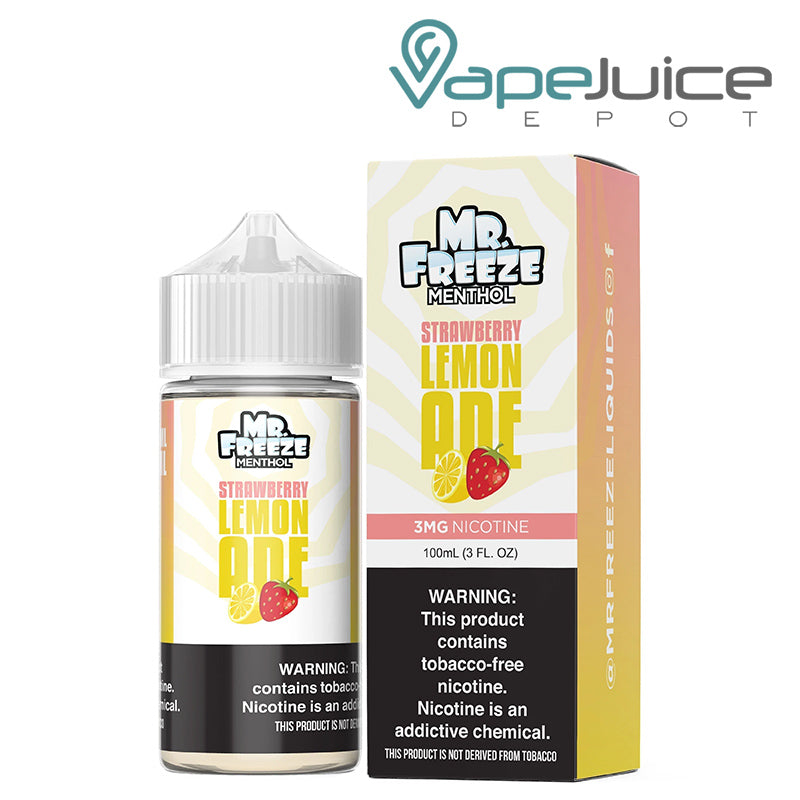 A 100ml bottle of Strawberry Lemonade Mr Freeze eLiquid and a box with a warning sign next to it - Vape Juice Depot