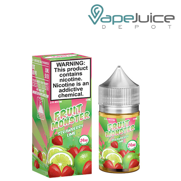 A Box of Strawberry Lime Fruit Monster Salts with a warning sign and a 30ml bottle next to it - Vape Juice Depot