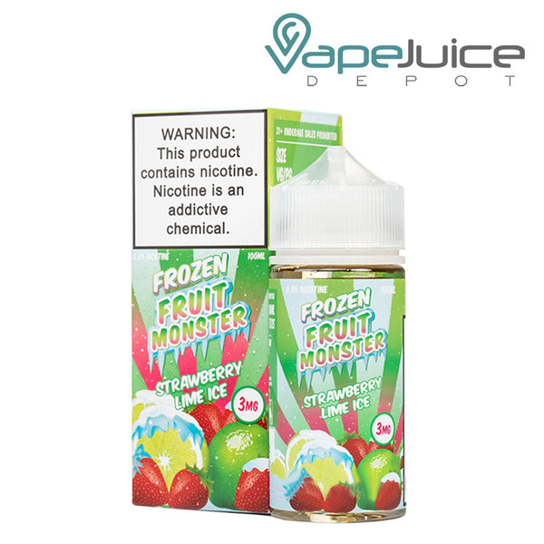 A Box of Strawberry Lime Ice Fruit Monster with a warning sign and a 100ml bottle next to it - Vape Juice Depot