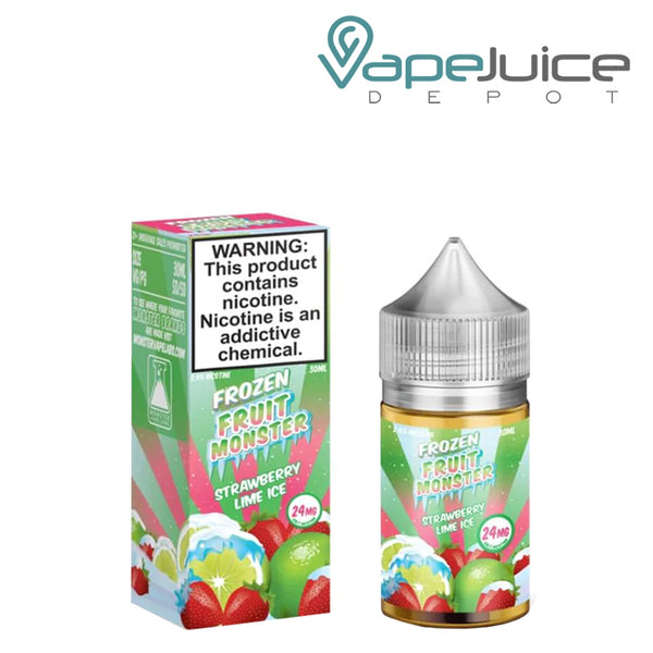 A Box of Strawberry Lime Ice Fruit Monster with a warning sign and a 30ml bottle next to it - Vape Juice Depot
