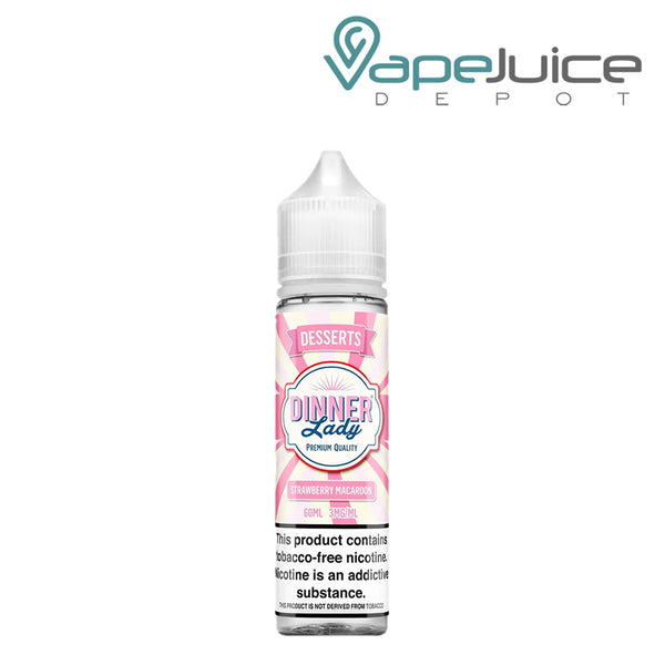 A 60ml bottle of Strawberry Macaroon Dinner Lady TFN with a warning sign - Vape Juice Depot