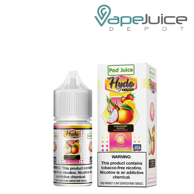 A 30ml bottle of Strawberry Mango Dragonfruit Hyde Pod Juice TFN Salt and a box with a warning sign next to it - Vape Juice Depot