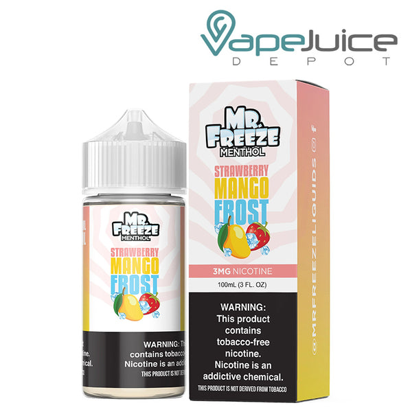 A 100ml bottle of Strawberry Mango Frost Mr Freeze eLiquid and a box with a warning sign next to it - Vape Juice Depot