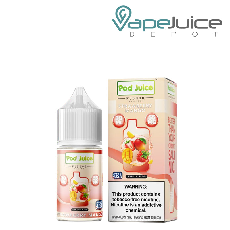 A 30ml bottle of Strawberry Mango Pod Juice PJ5000 TFN Salt and a box with a warning sign next to it - Vape Juice Depot