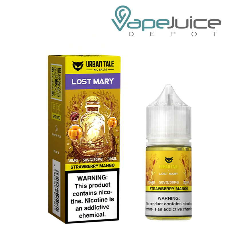 A Box of Strawberry Mango Urban Tale x Lost Mary Salt 35mg with a warning sign and a 30ml bottle next to it - Vape Juice Depot