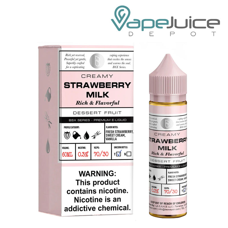 A Box of Strawberry Milk Glas Basix Series with a warning sign and a 60ml bottle next to it - Vape Juice Depot