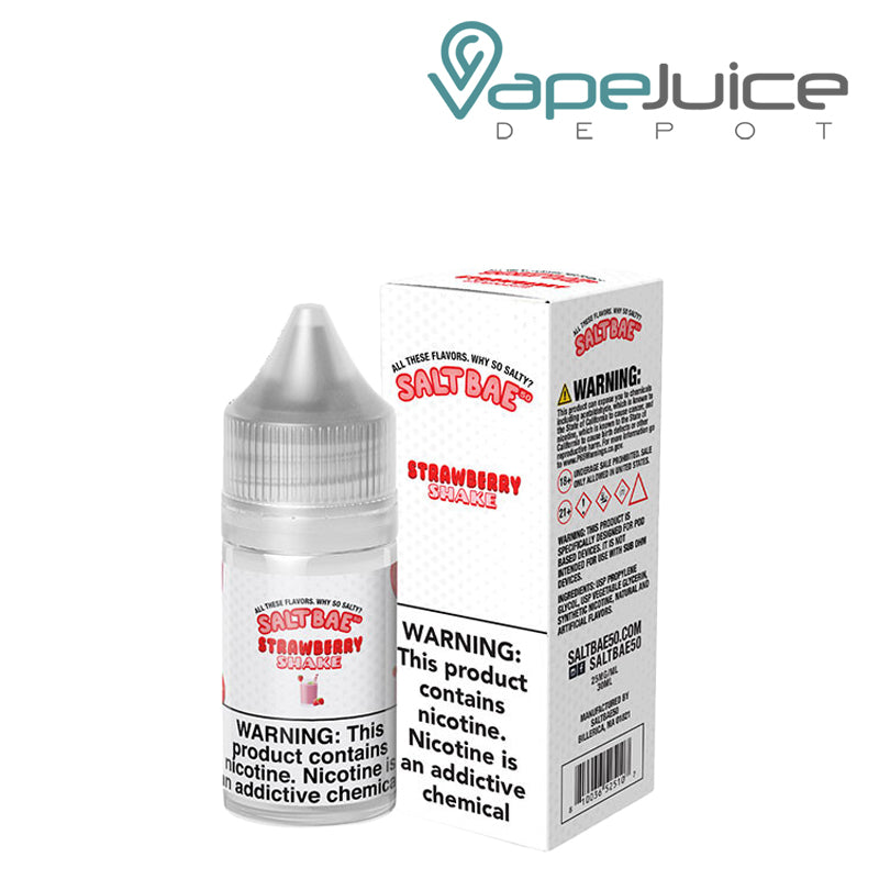 A 30ml bottle of IStrawberry Milkshake SaltBae50 Salt and a box with a warning sign next to it - Vape Juice Depot