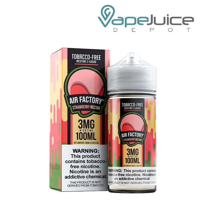 A box of Strawberry Nectar Synthetic Air Factory eLiquid with a warning sign and a 100ml bottle next to it - Vape Juice Depot