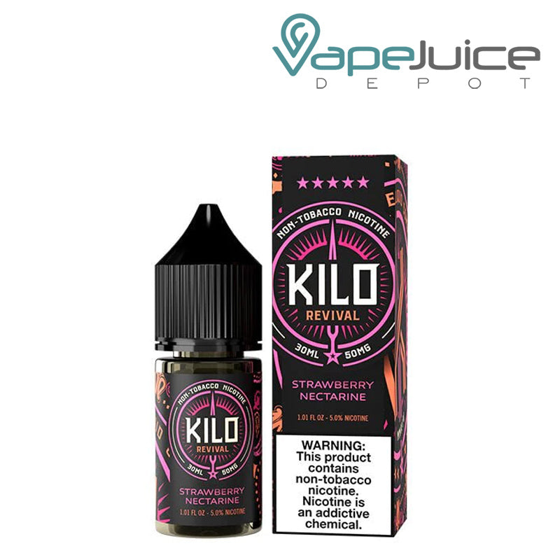 A 30ml bottle of Strawberry Nectarine Kilo Revival TFN Salt and a box with a warning sign next to it - Vape Juice Depot