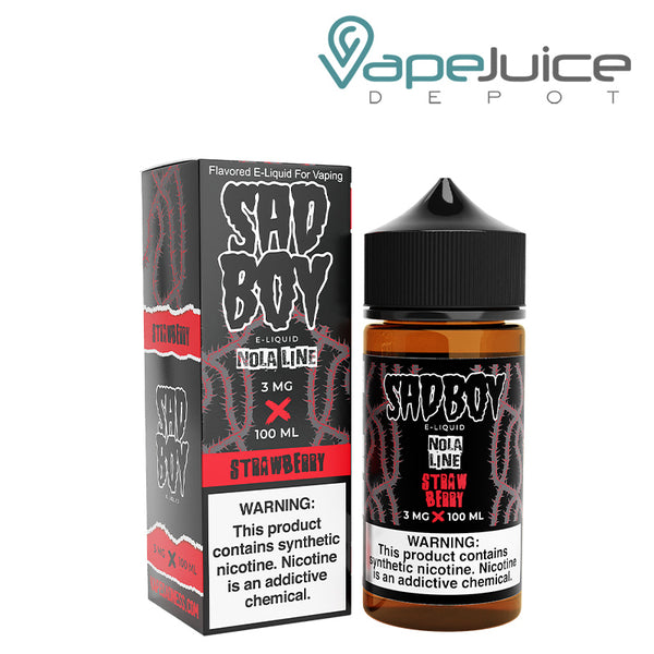 A box of Strawberry Nola SadBoy eLiquid with a warning sign and a 100ml bottle next to it - Vape Juice Depot