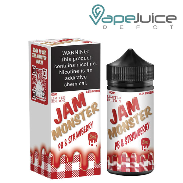 A box of Strawberry PB and Jam Monster with a warning sign and a 100ml bottle next to it - Vape Juice Depot