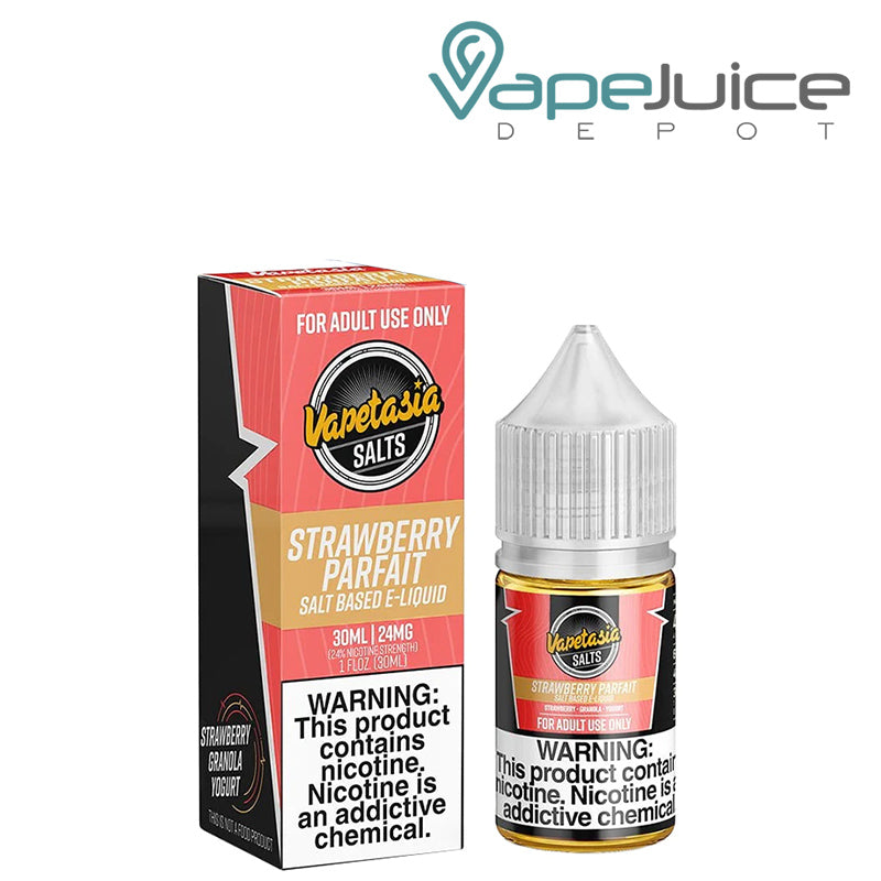 A box of Strawberry Parfait Vapetasia Salts with a warning sign and a 30ml bottle next to it - Vape Juice Depot