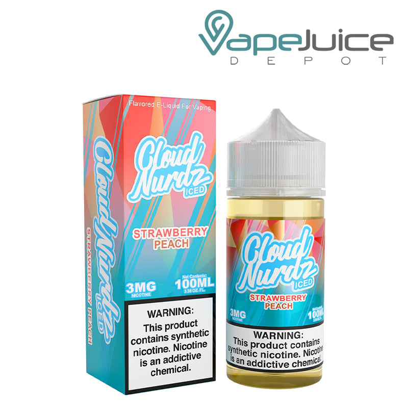 A Box of Strawberry Peach Ice TFN Cloud Nurdz with a warning sign and a 100ml bottle next to it - Vape Juice Depot