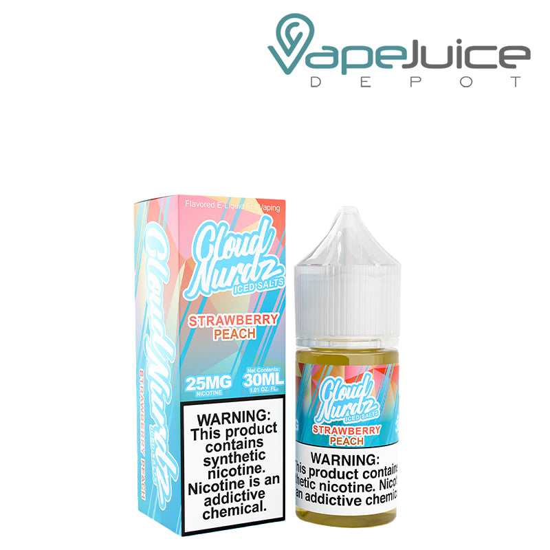 A Box of Strawberry Peach Ice TFN Cloud Nurdz with a warning sign and a 30ml bottle next to it - Vape Juice Depot