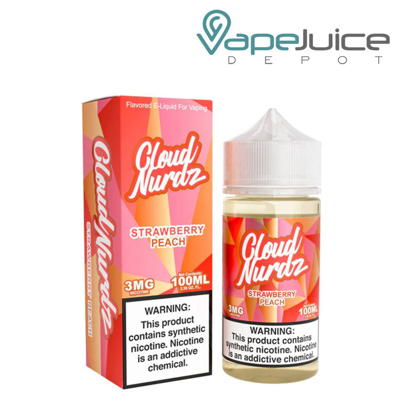 A Box of Strawberry Peach TFN Cloud Nurdz with a warning sign and a 100ml bottle next to it - Vape Juice Depot