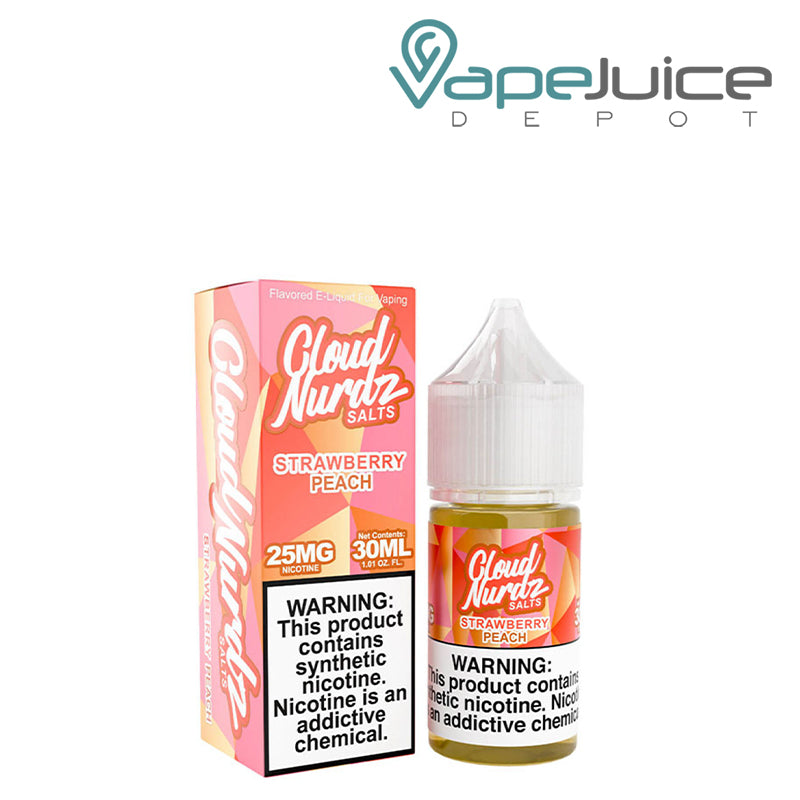 A Box of Strawberry Peach TFN Cloud Nurdz with a warning sign and a 30ml bottle next to it - Vape Juice Depot