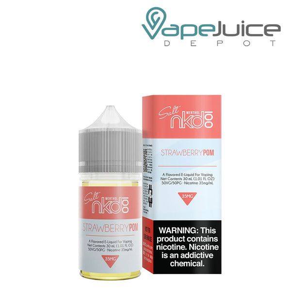 A 30ml bottle of Strawberry Pom Naked 100 Salt eLiquid and a box with a warning sign next to it - Vape Juice Depot
