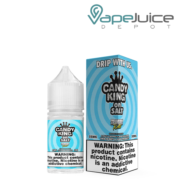 A 30ml bottle of Strawberry Rolls Candy King On Salt and a box with a warning sign next to it - Vape Juice Depot