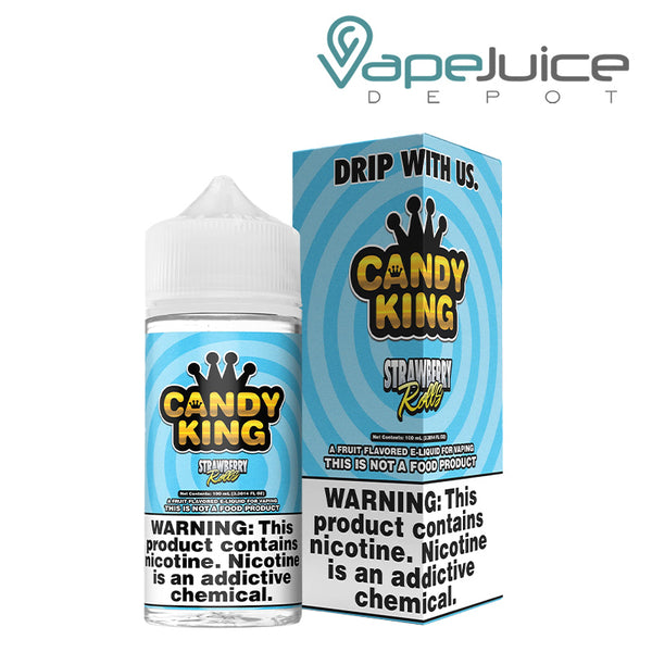 A 100ml bottle of Strawberry Rolls Candy King eLiquid and a box with a warning sign next to it - Vape Juice Depot
